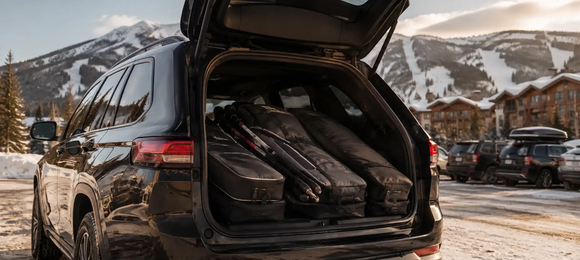 Ski bags loaded in the rear cargo bay of a black SUV at a resort car park.
